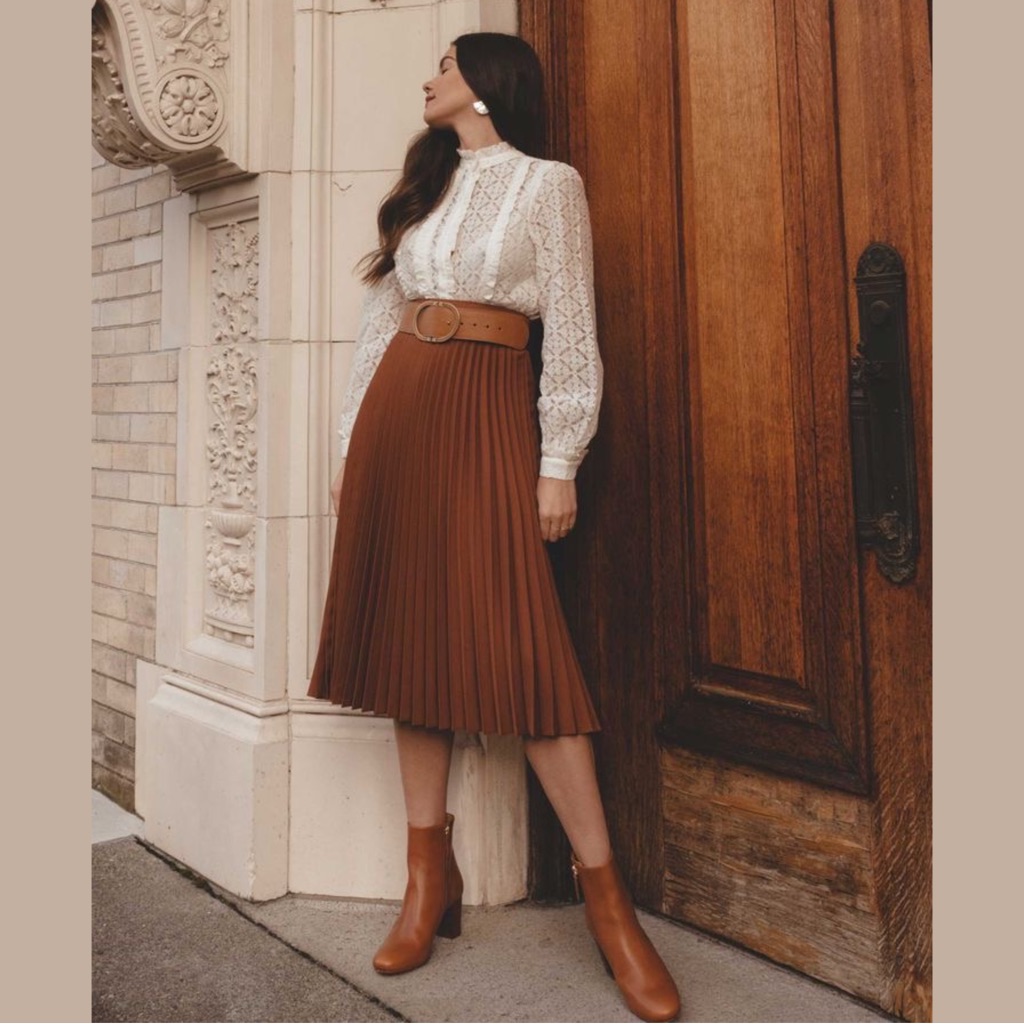 Boutique Pleated Accordion A Line Midi Skirt Faux Suede